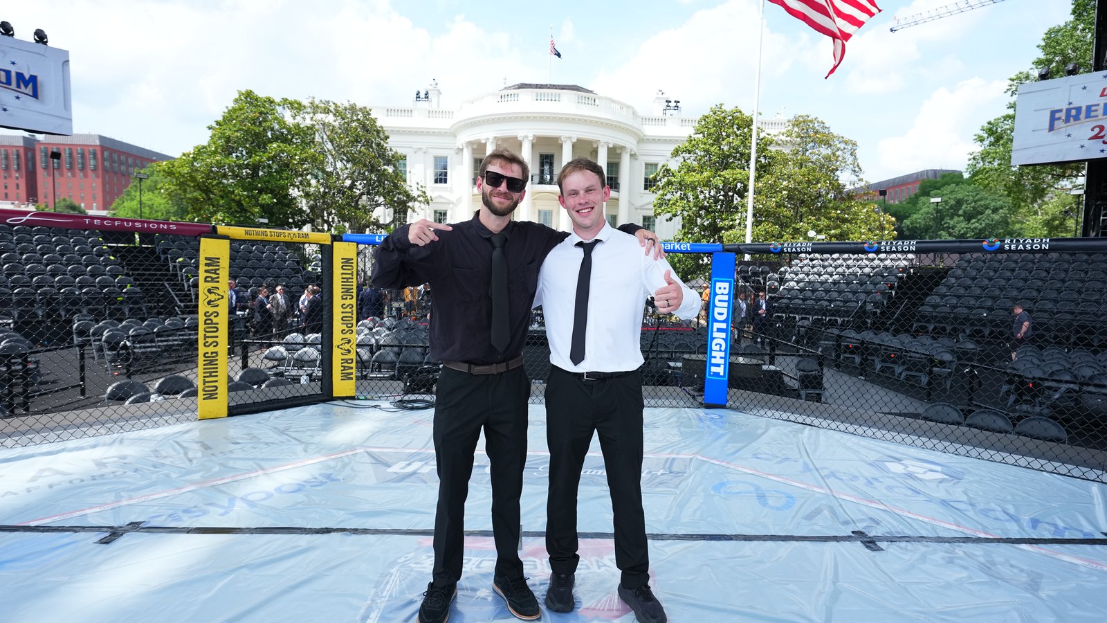 Jake Leger and Harrison Burchett in the octagon on the White House South Lawn at UFC Freedom 250